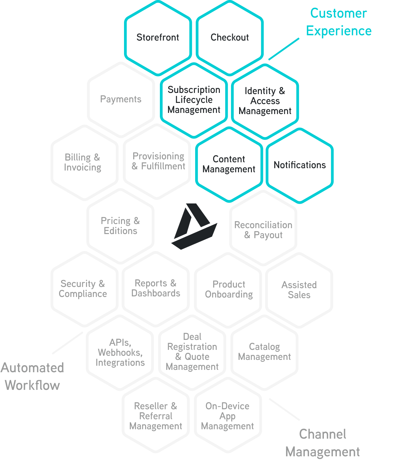 Honeycomb layout listing capabilities for subscription commerce and focusing on the customer experience